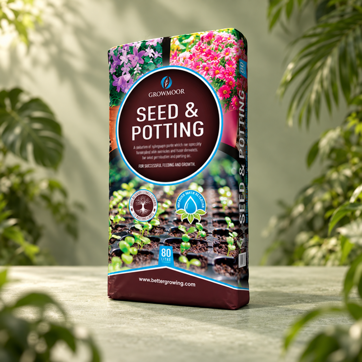 Growmoor Seed & Potting Compost in a green product setting