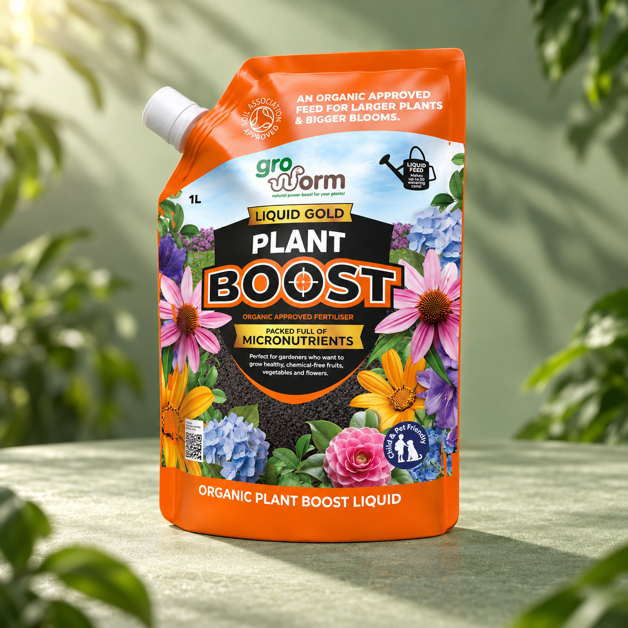 GroWorm Plant Boost Liquid in a green product setting