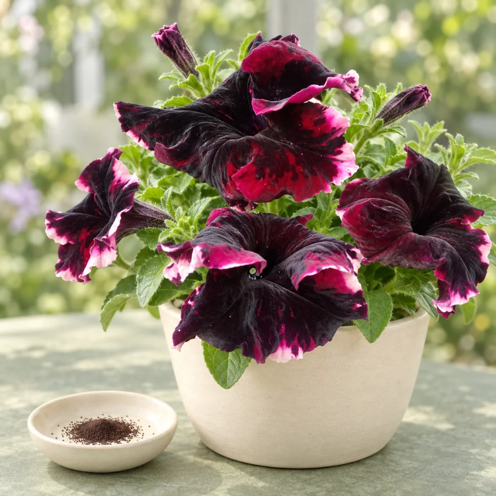 Generated illustration of Black Ruby petunia flowers beside a dish of seeds