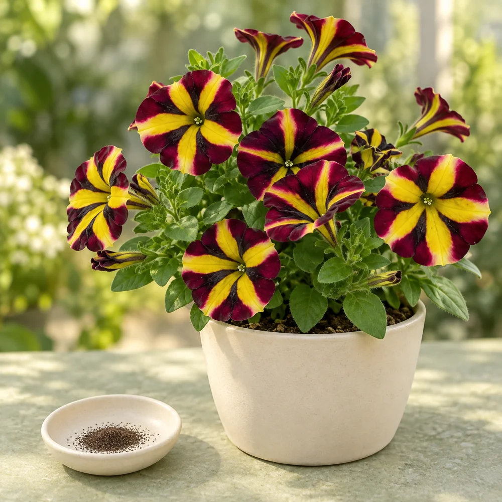 Generated illustration of Burgundy Star petunia flowers beside a dish of seeds