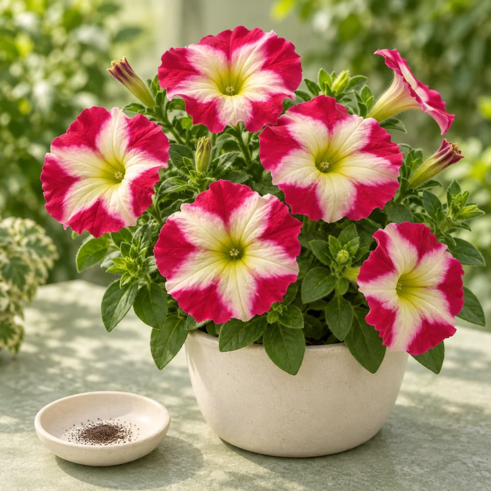 Generated illustration of Cherry Radiance petunia flowers beside a dish of seeds