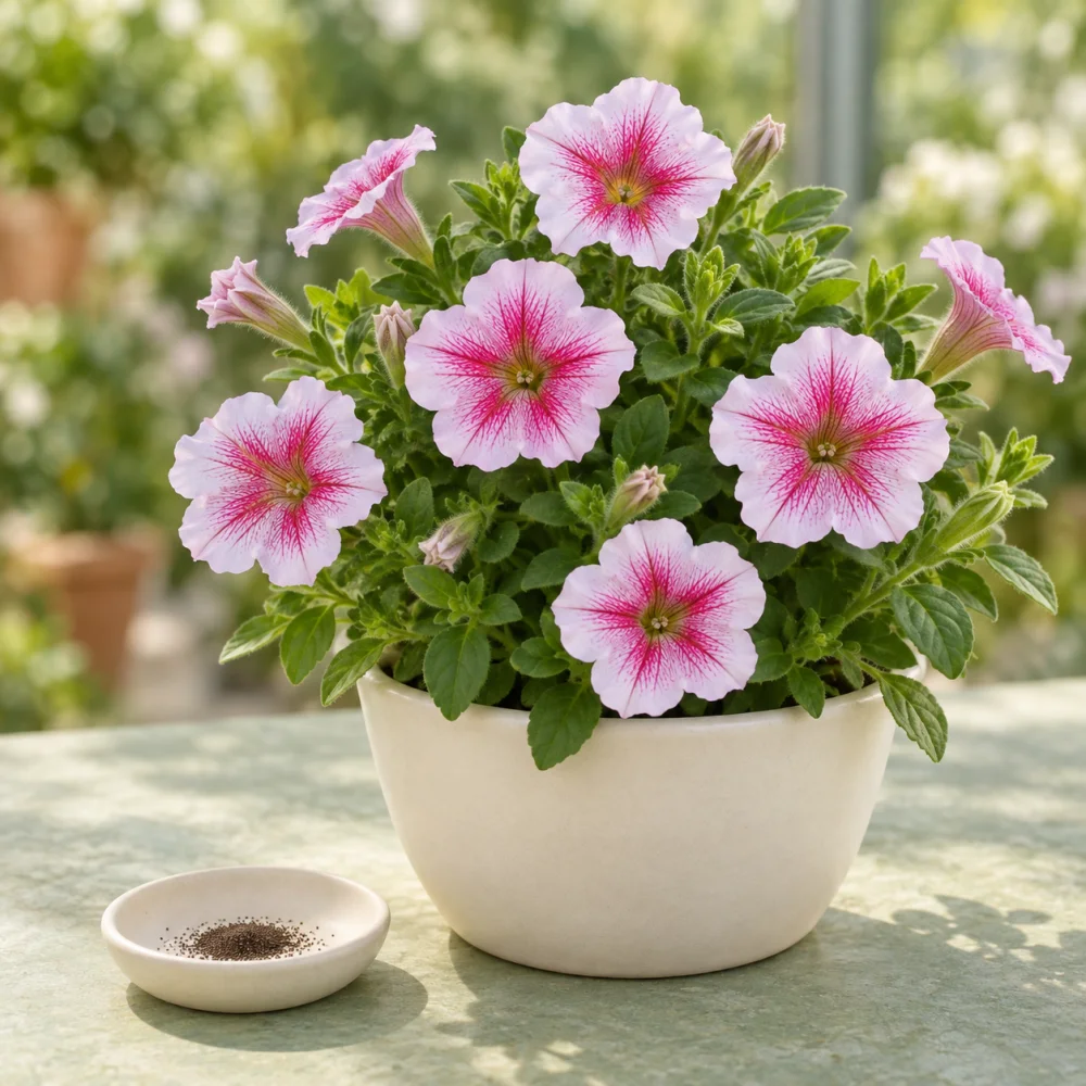 Generated illustration of Lacterina Rasberry Ice F2 petunia flowers beside a dish of seeds