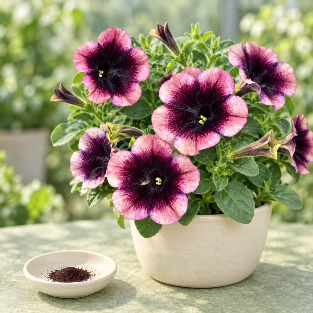 Generated illustration of Mystic Plum petunia flowers beside a dish of seeds