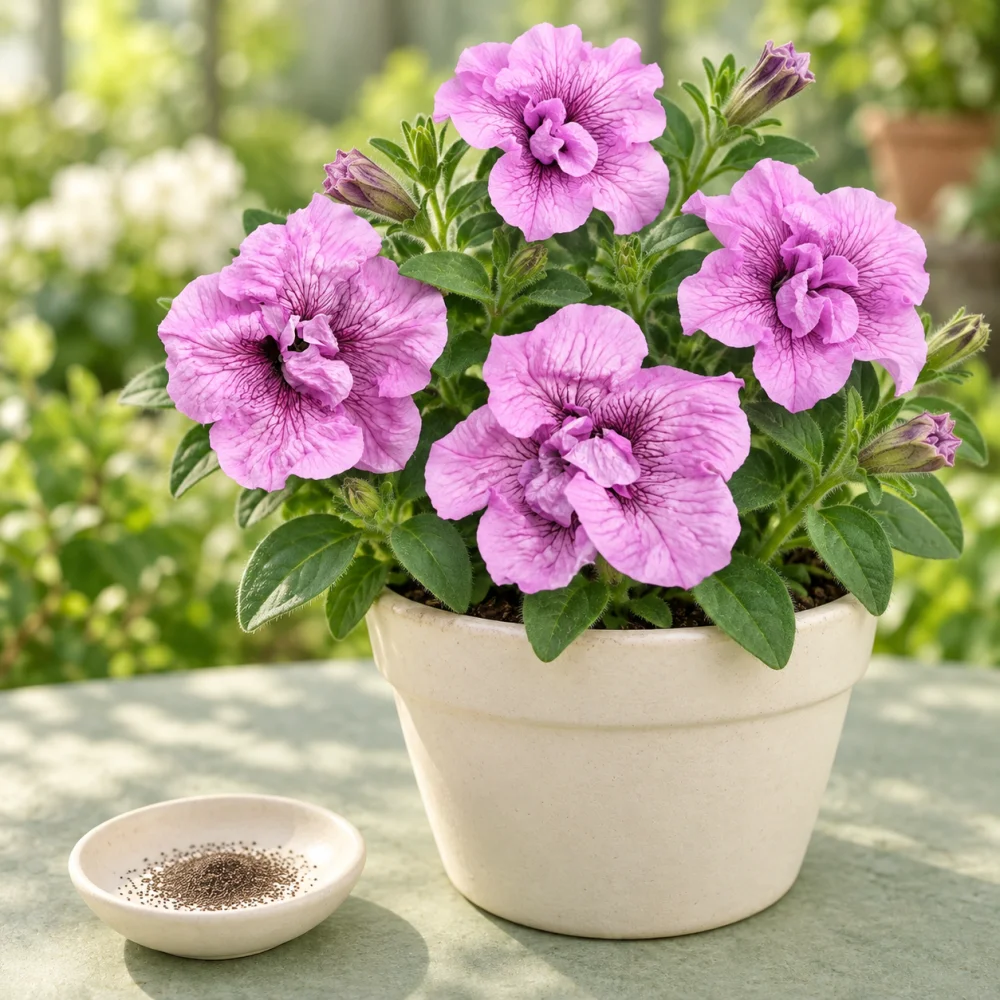 Generated illustration of Pink Duchess petunia flowers beside a dish of seeds