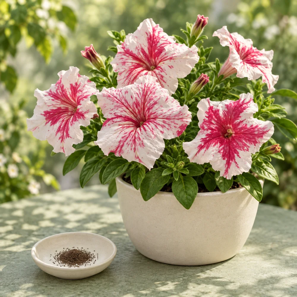 Generated illustration of Red Firework petunia flowers beside a dish of seeds