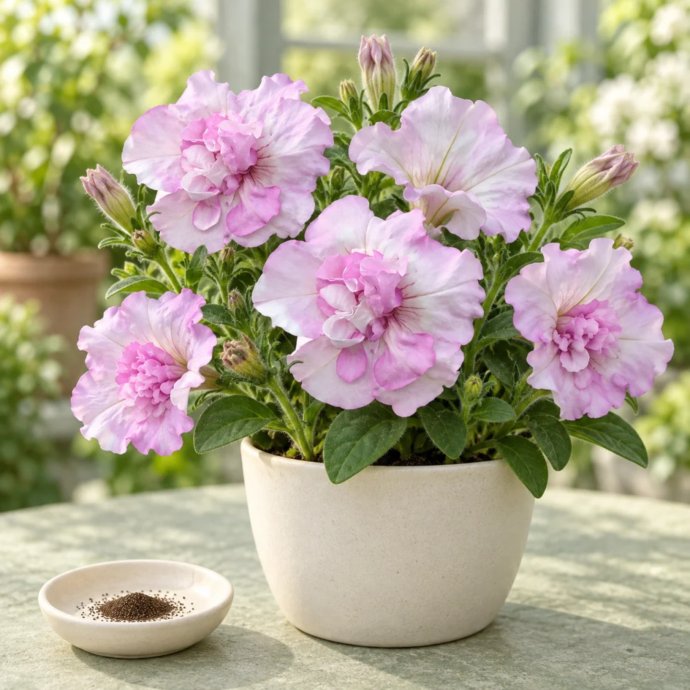 Generated illustration of Royal Chiffon petunia flowers beside a dish of seeds