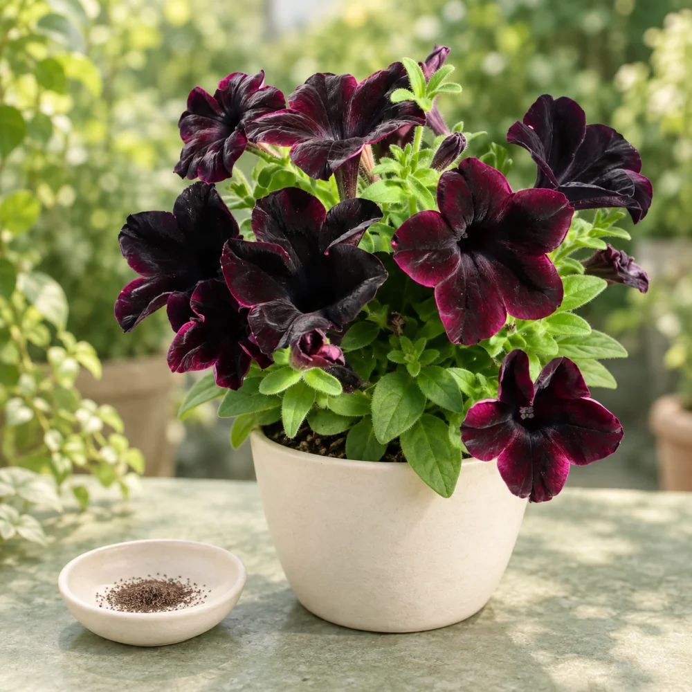 Generated illustration of Starlet Velvet petunia flowers beside a dish of seeds