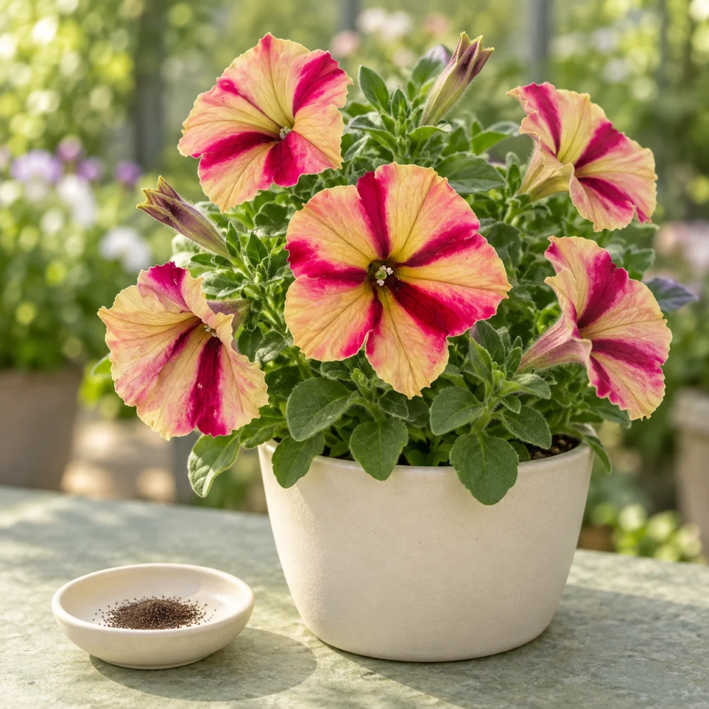 Generated illustration of Sunset Flame petunia flowers beside a dish of seeds