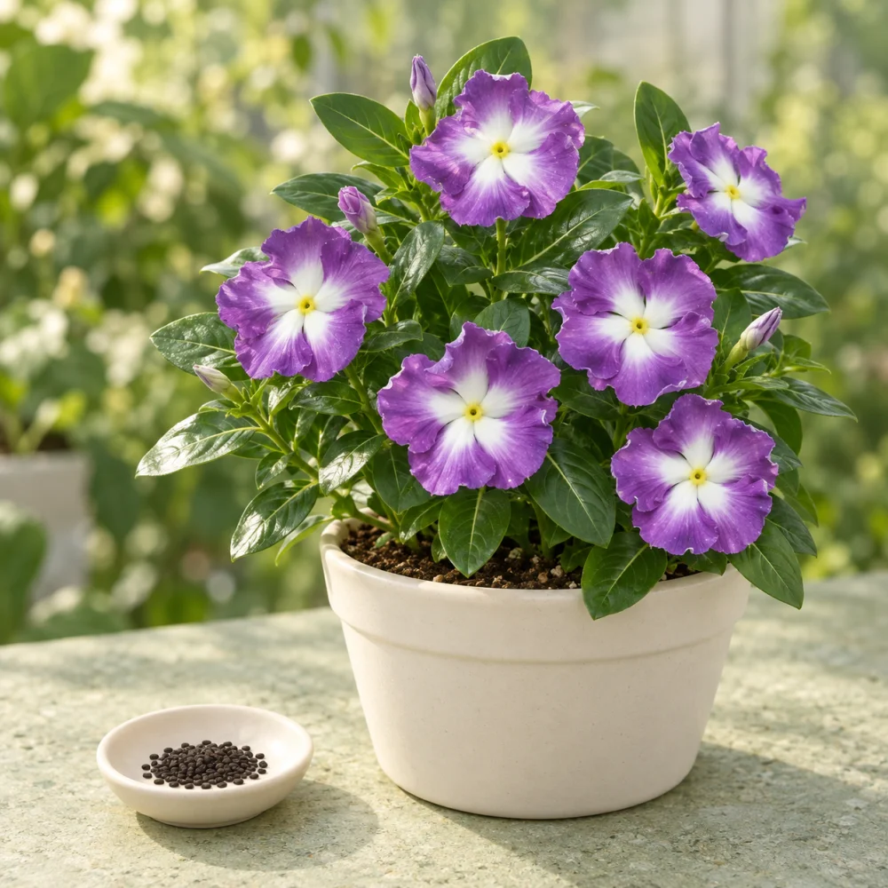 Generated illustration of Curly Lavender Halo vinca flowers beside a dish of seeds