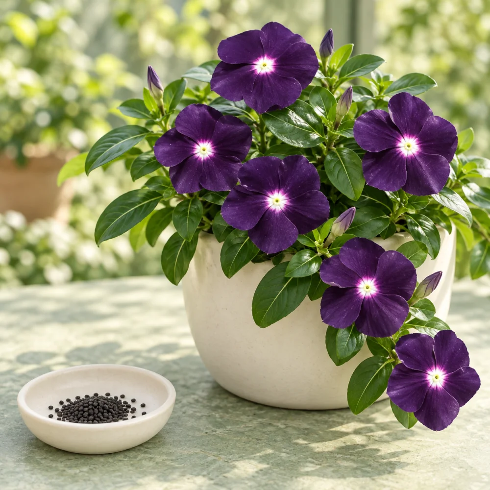 Generated illustration of Exotic Blueberry vinca flowers beside a dish of seeds