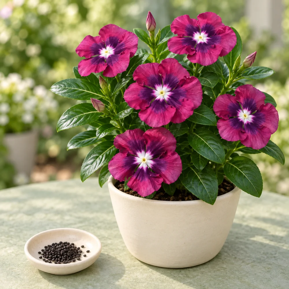 Generated illustration of Exotic Purple Pink vinca flowers beside a dish of seeds