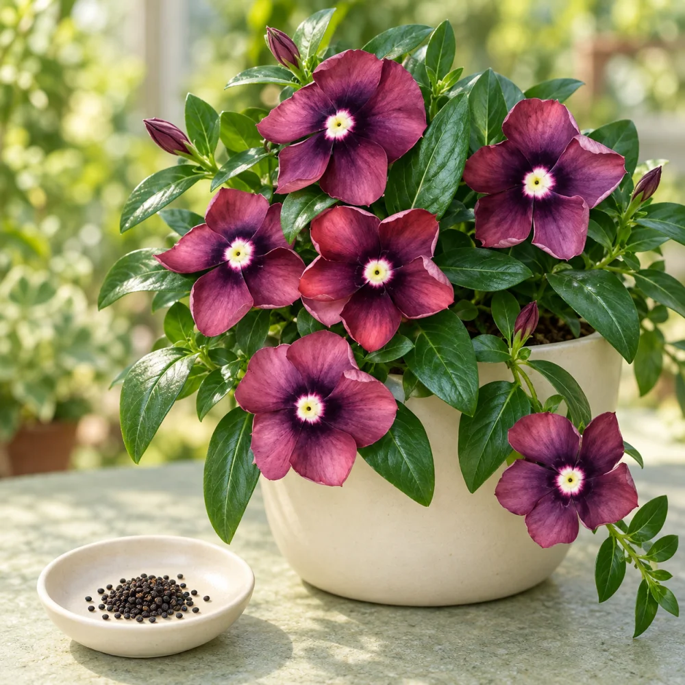 Generated illustration of Purple Violet vinca flowers beside a dish of seeds