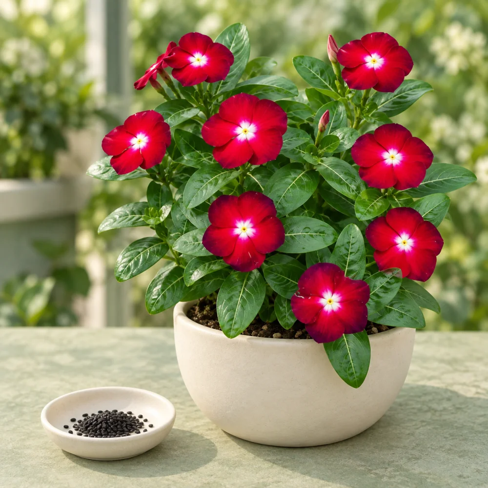 Generated illustration of Red Pattern vinca flowers beside a dish of seeds